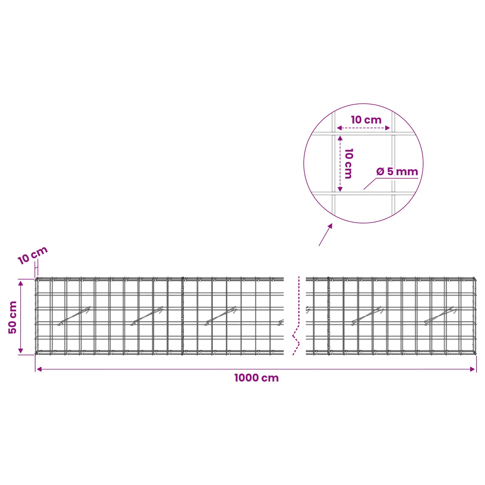 Gabion z žico 5 mm in mrežo 10x10 cm 1000x10x50 cm