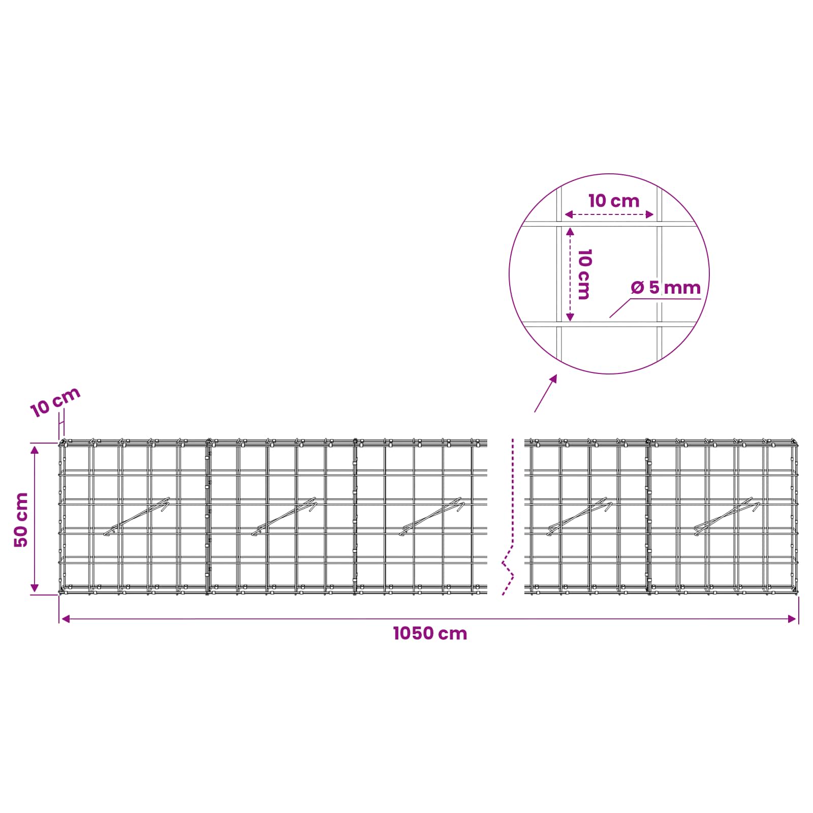 Gabion z žico 5 mm in mrežo 10x10 cm 1050x10x50 cm