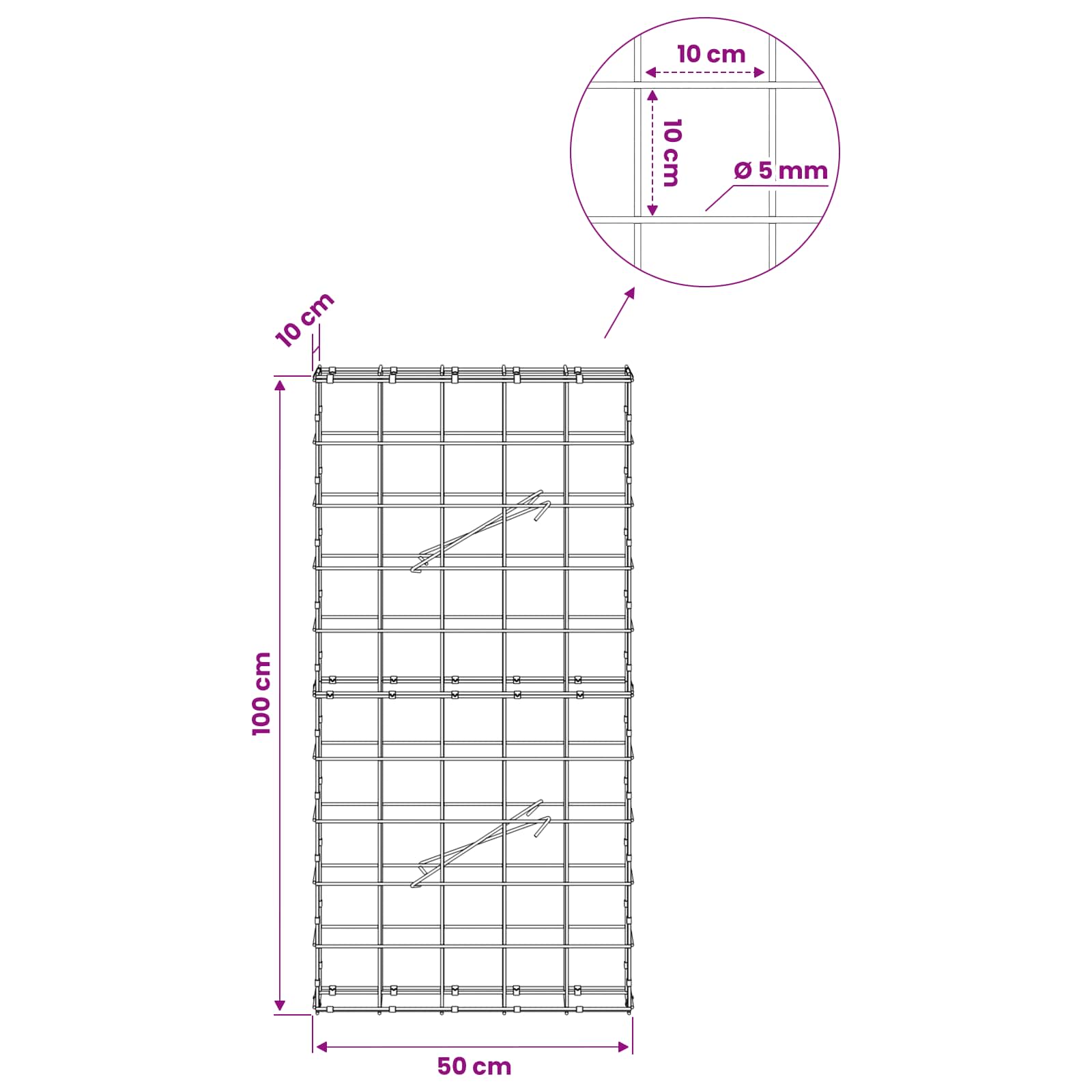 Gabion z žico 5 mm in mrežo 10x10 cm 50x10x100 cm