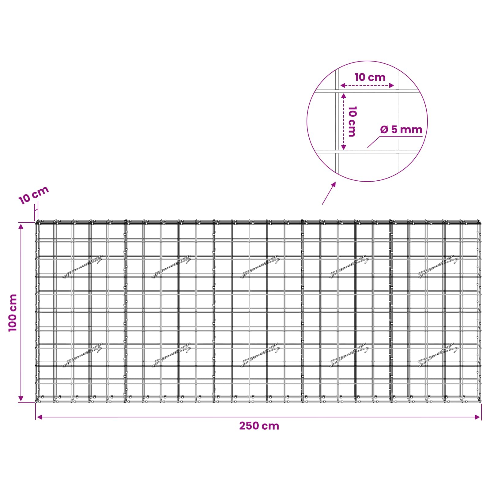 Gabion z žico 5 mm in mrežo 10x10 cm 250x10x100 cm