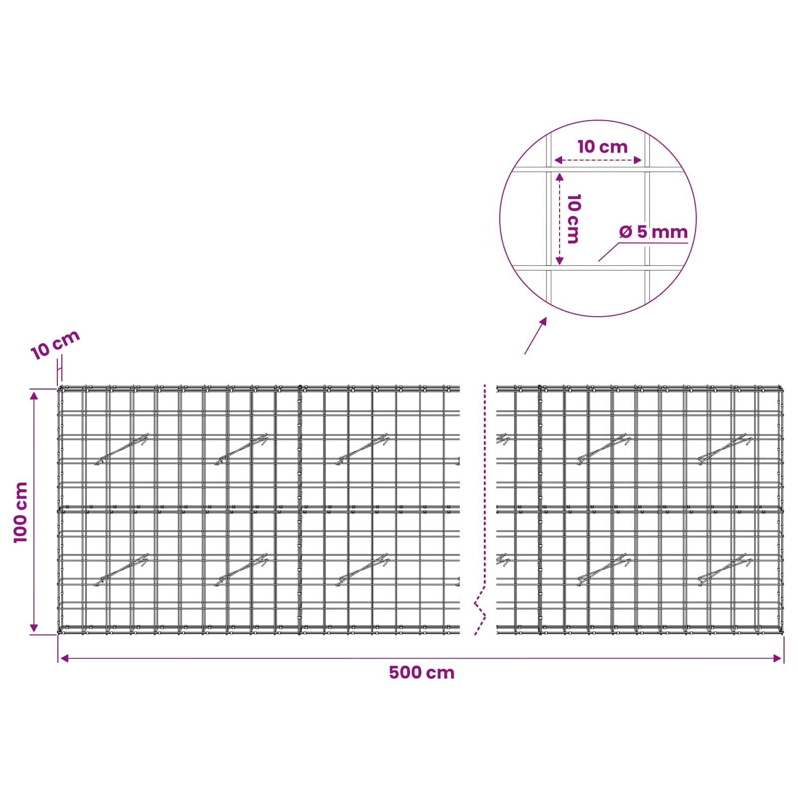 Gabion z žico 5 mm in mrežo 10x10 cm 500x10x100 cm
