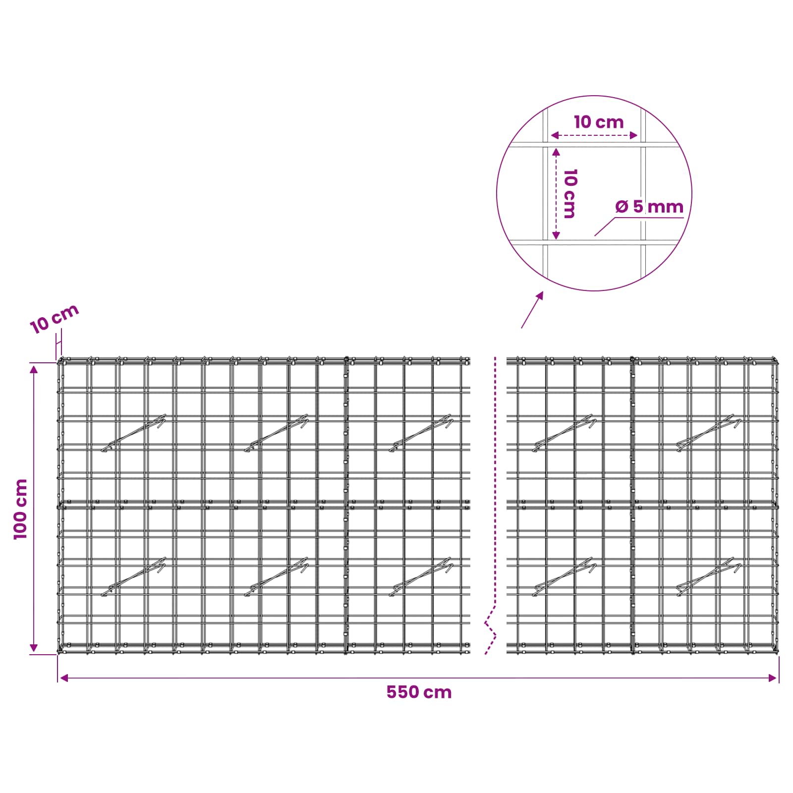 Gabion z žico 5 mm in mrežo 10x10 cm 550x10x100 cm