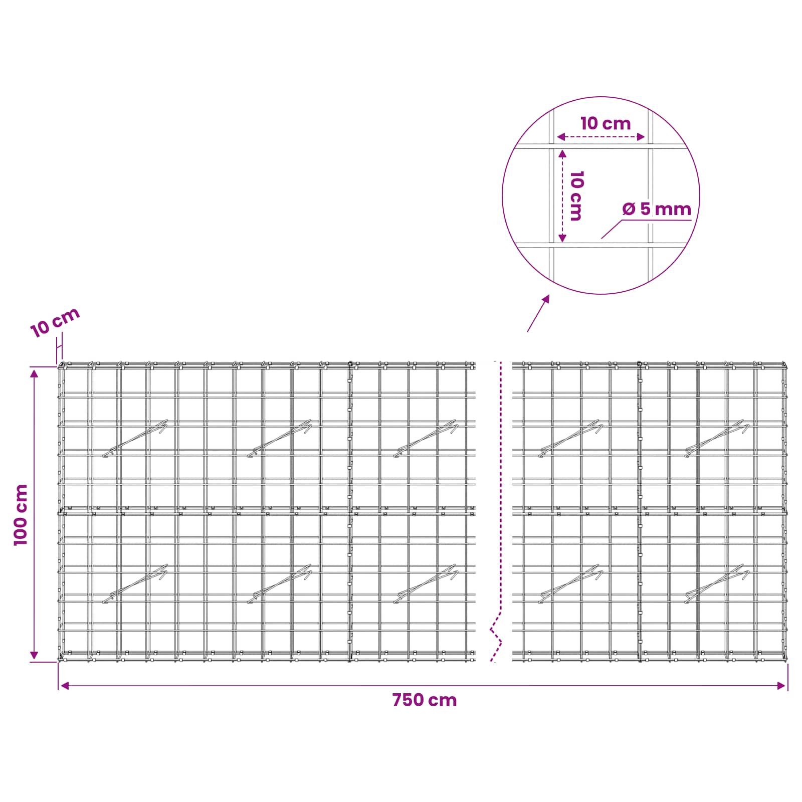 Gabion z žico 5 mm in mrežo 10x10 cm 750x10x100 cm