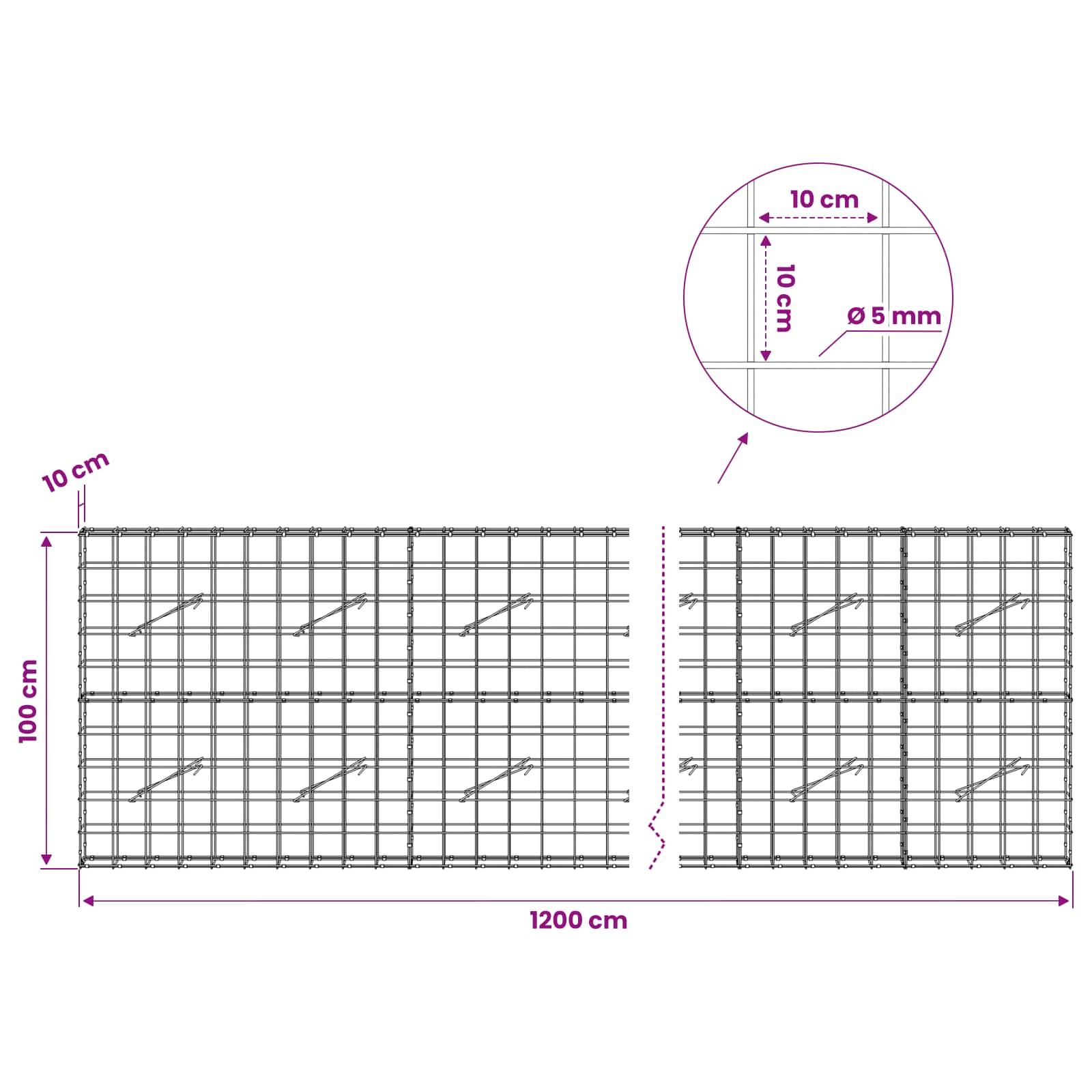 Gabion z žico 5 mm in mrežo 10x10 cm 1200x10x100 cm