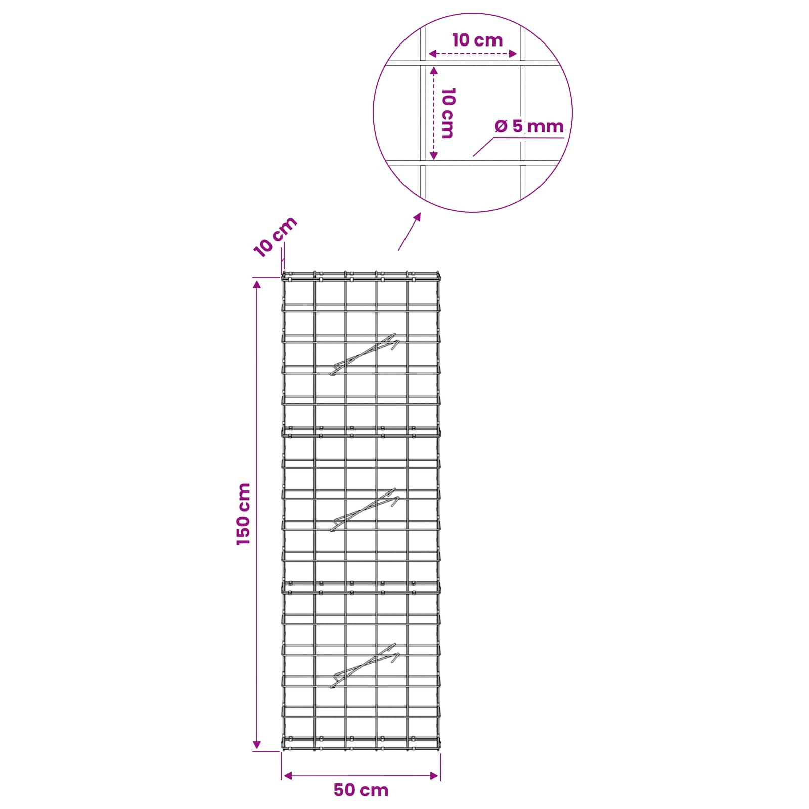Gabion z žico 5 mm in mrežo 10x10 cm 50x10x150 cm