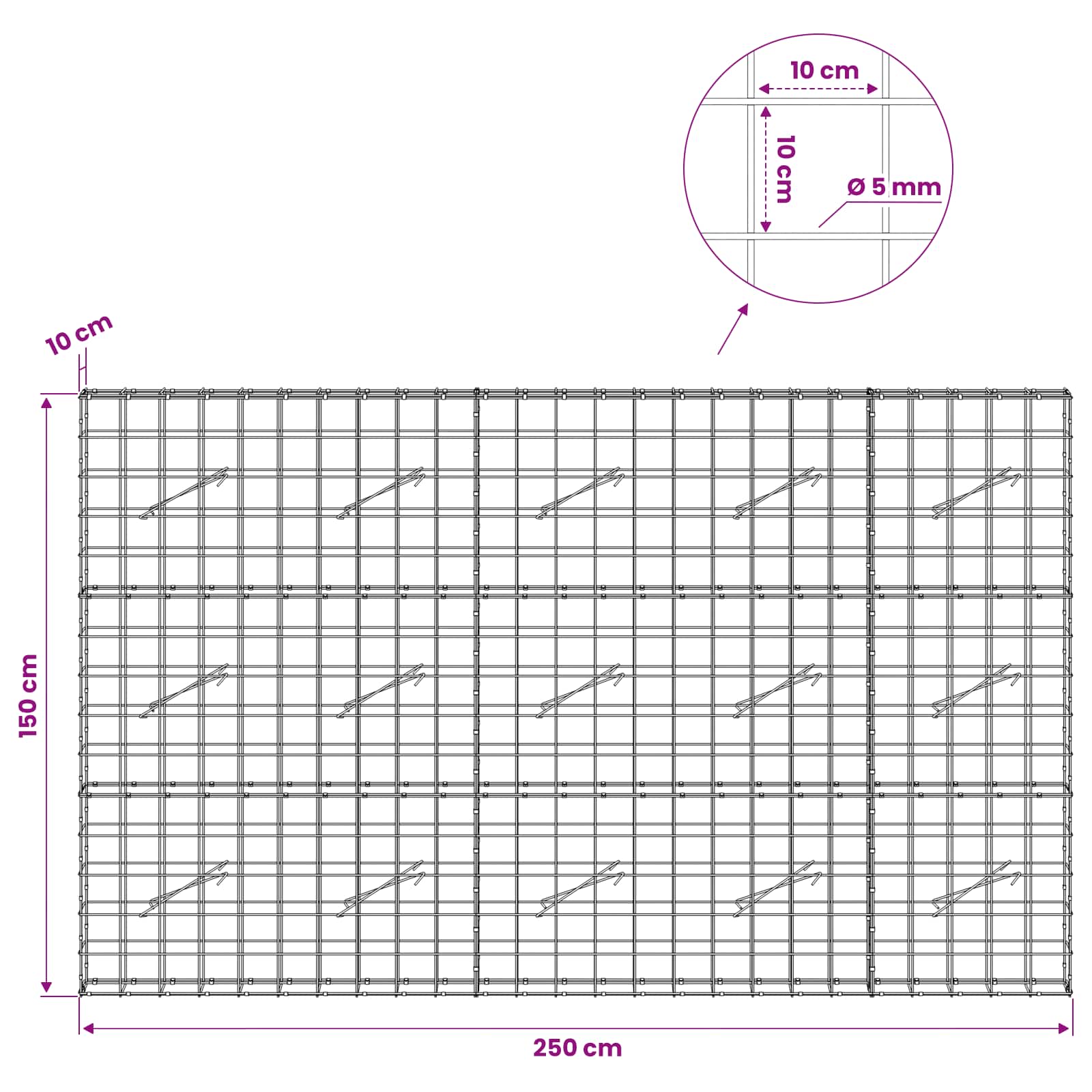Gabion z žico 5 mm in mrežo 10x10 cm 250x10x150 cm