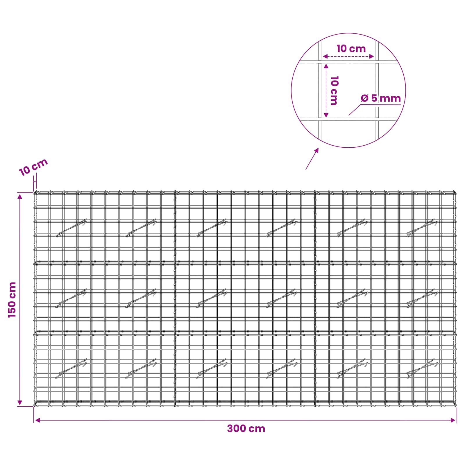 Gabion z žico 5 mm in mrežo 10x10 cm 300x10x150 cm