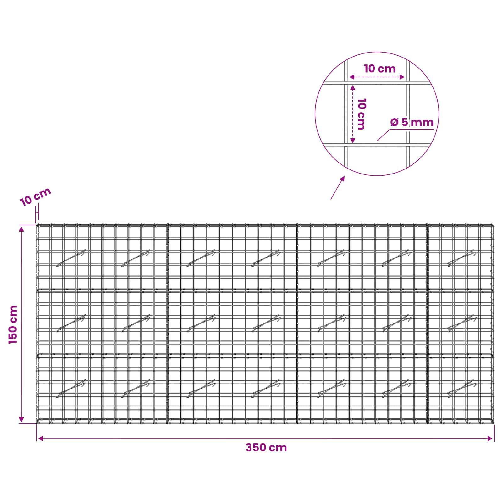 Gabion z žico 5 mm in mrežo 10x10 cm 350x10x150 cm