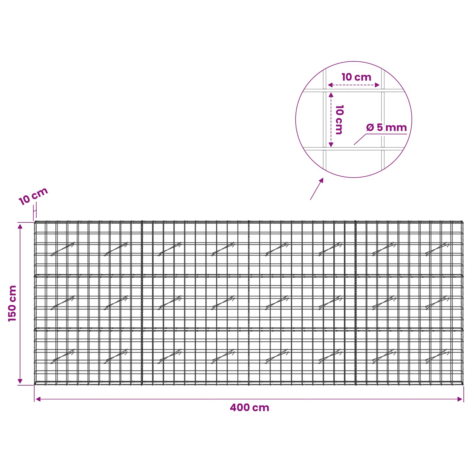 Gabion z žico 5 mm in mrežo 10x10 cm 400x10x150 cm