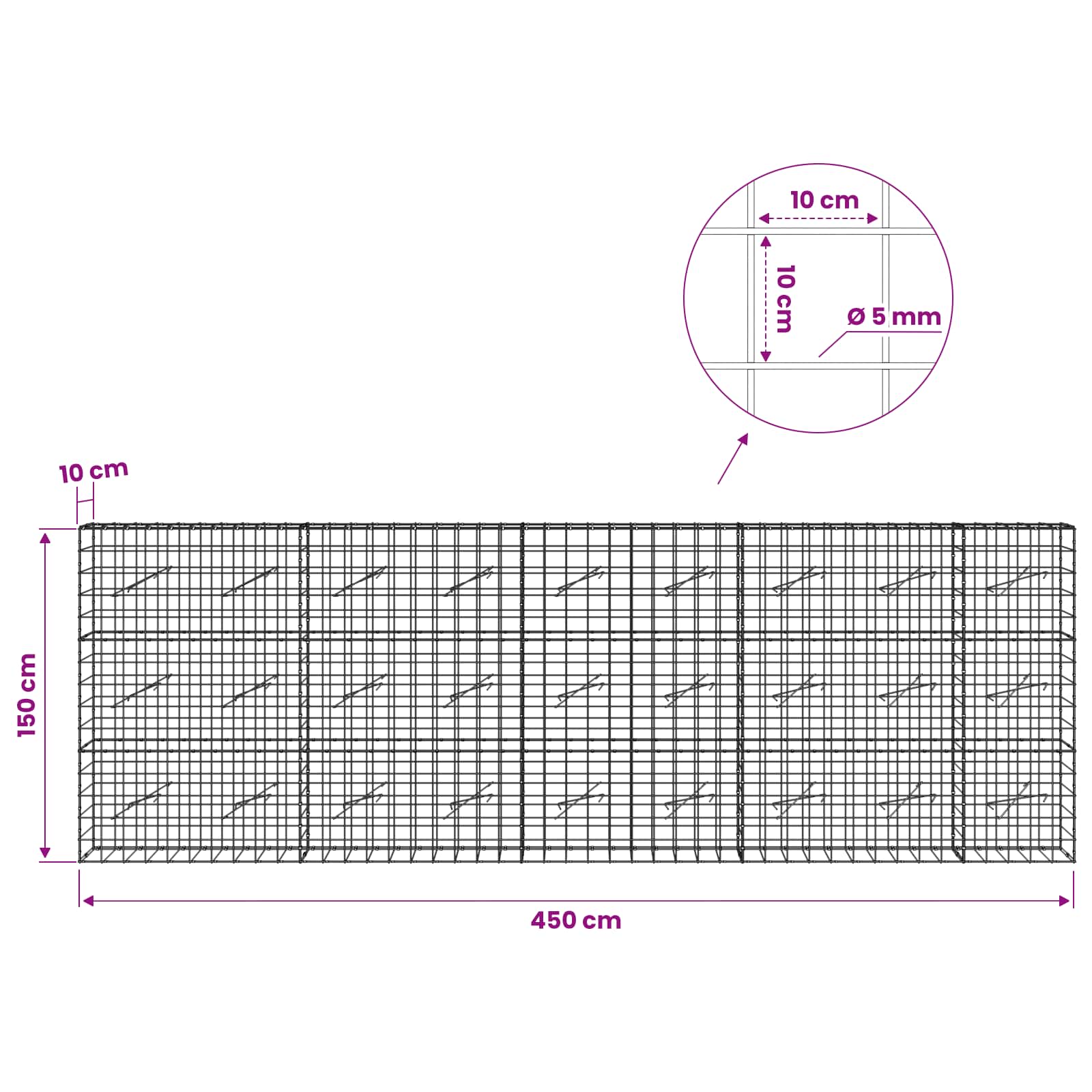 Gabion z žico 5 mm in mrežo 10x10 cm 450x10x150 cm