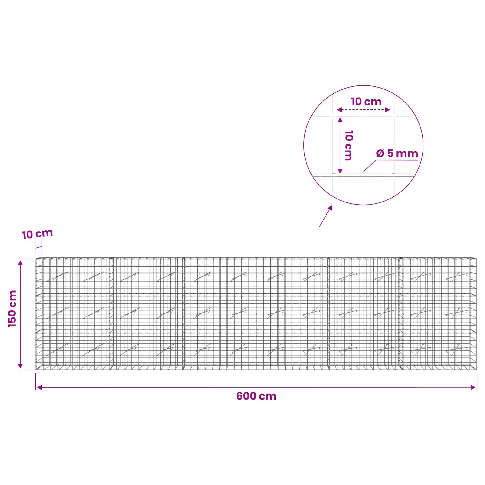 Gabion z žico 5 mm in mrežo 10x10 cm 600x10x150 cm