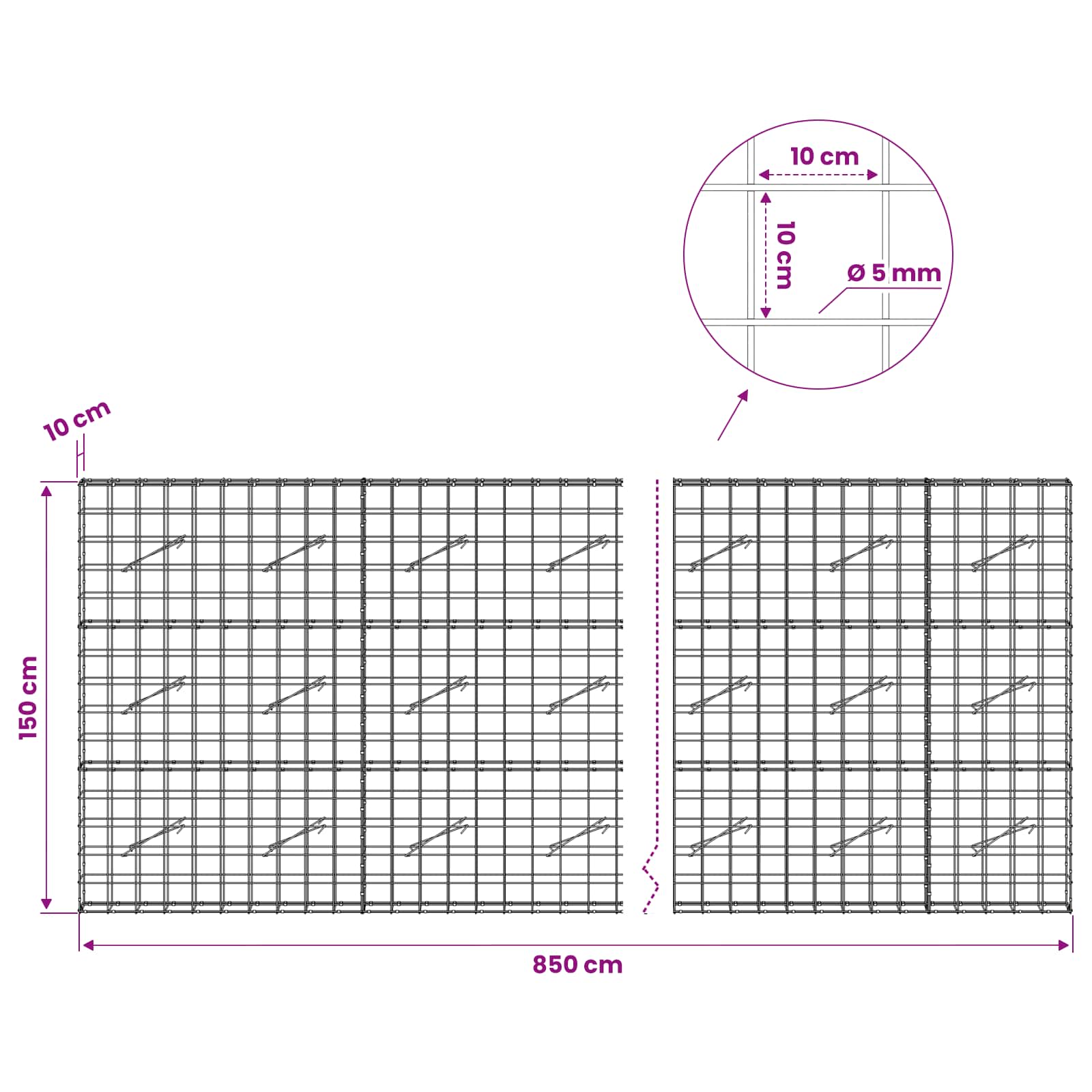 Gabion z žico 5 mm in mrežo 10x10 cm 850x10x150 cm