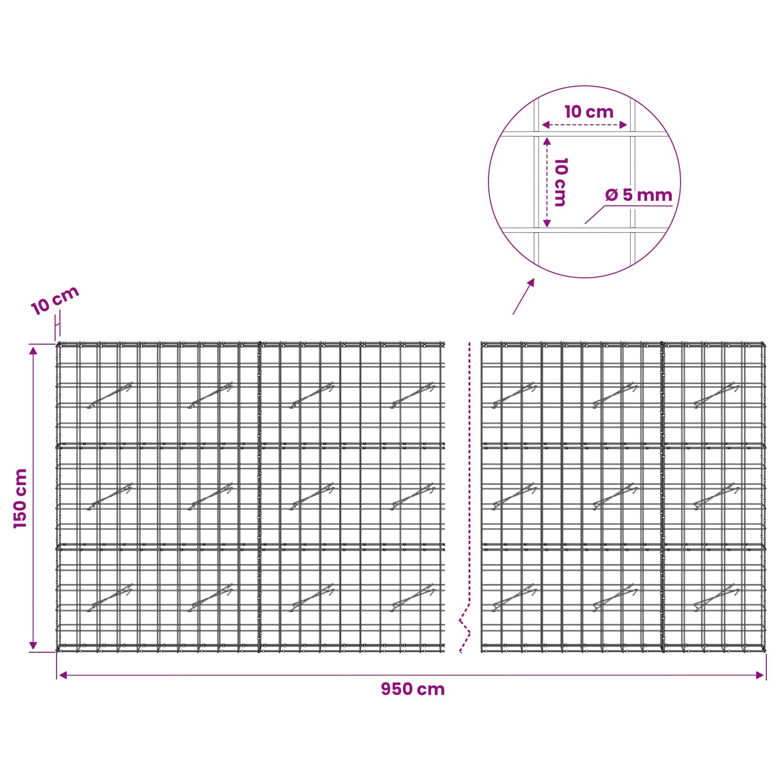 Gabion z žico 5 mm in mrežo 10x10 cm 950x10x150 cm