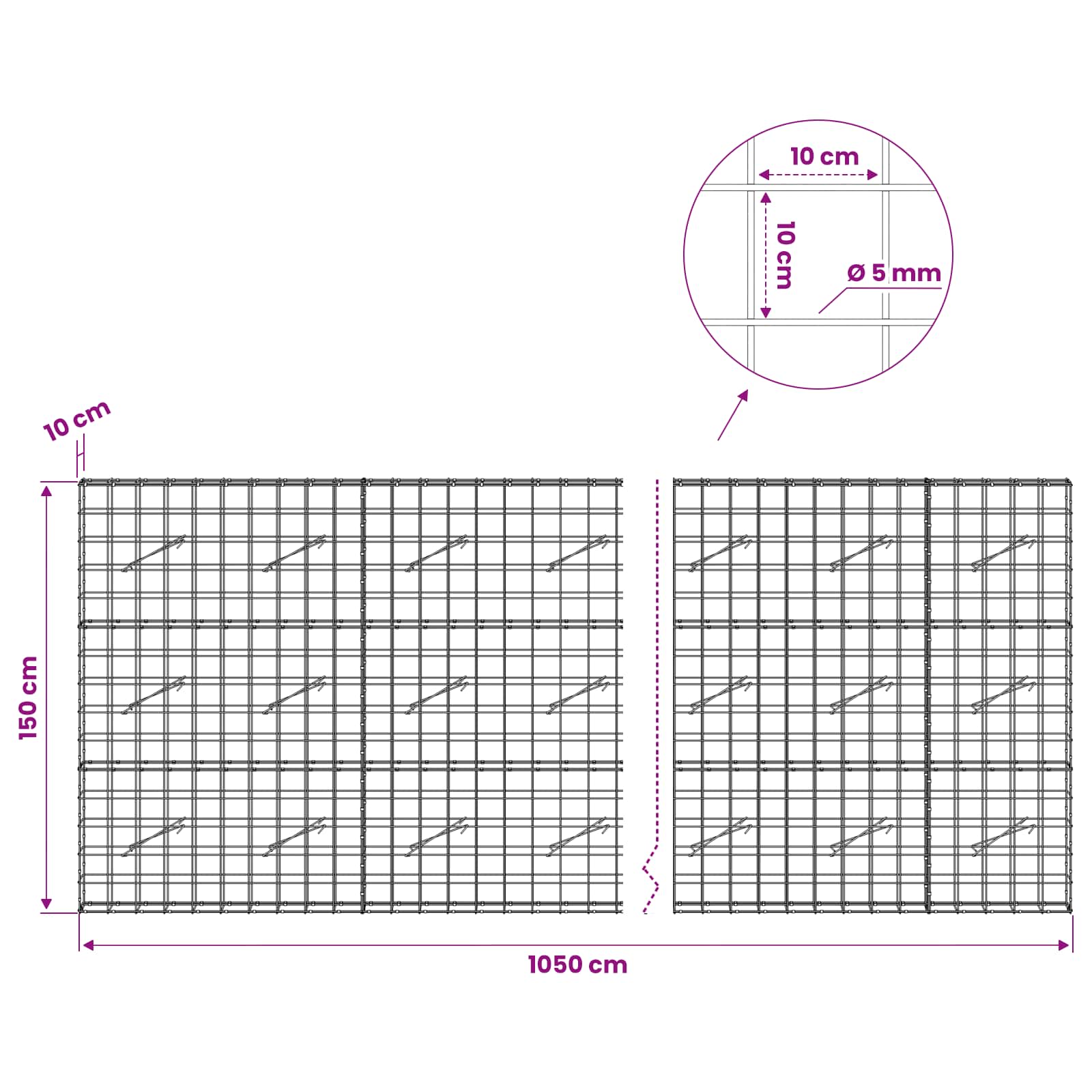 Gabion z žico 5 mm in mrežo 10x10 cm 1050x10x150 cm