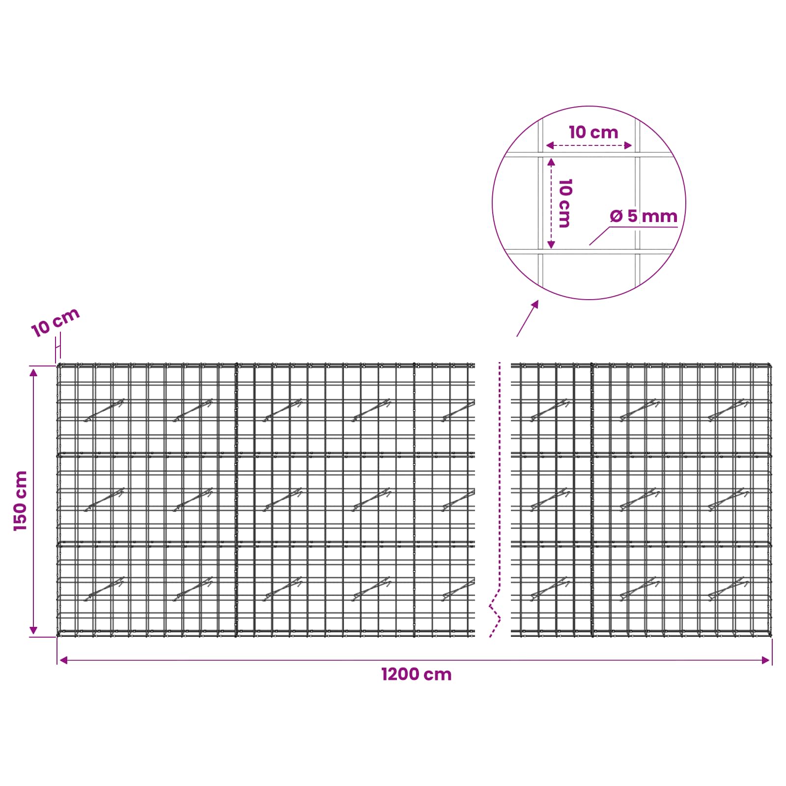 Gabion z žico 5 mm in mrežo 10x10 cm 1200x10x150 cm