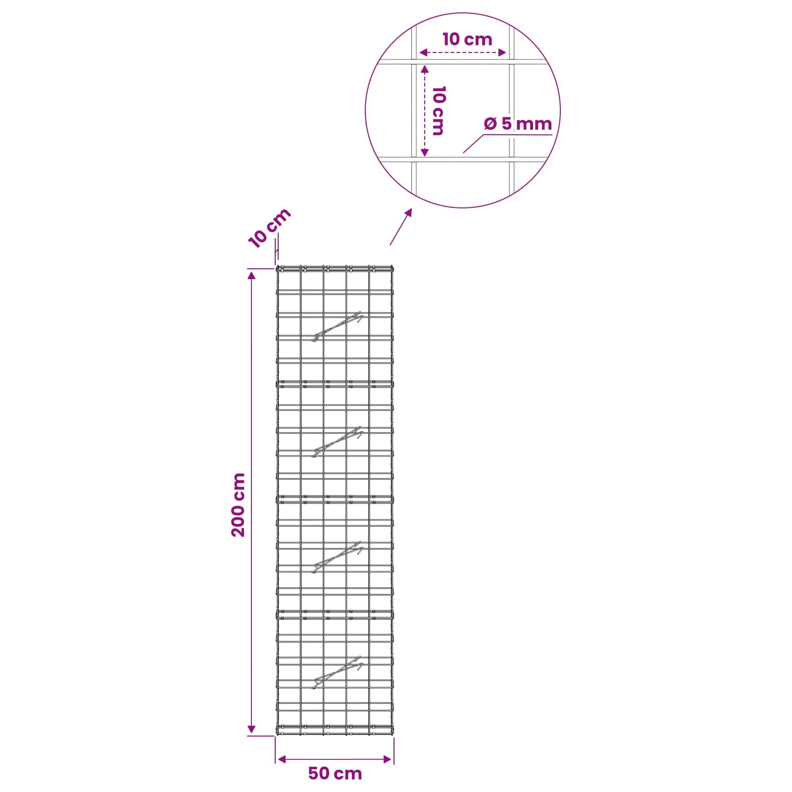 Gabion z žico 5 mm in mrežo 10x10 cm 50x10x200 cm