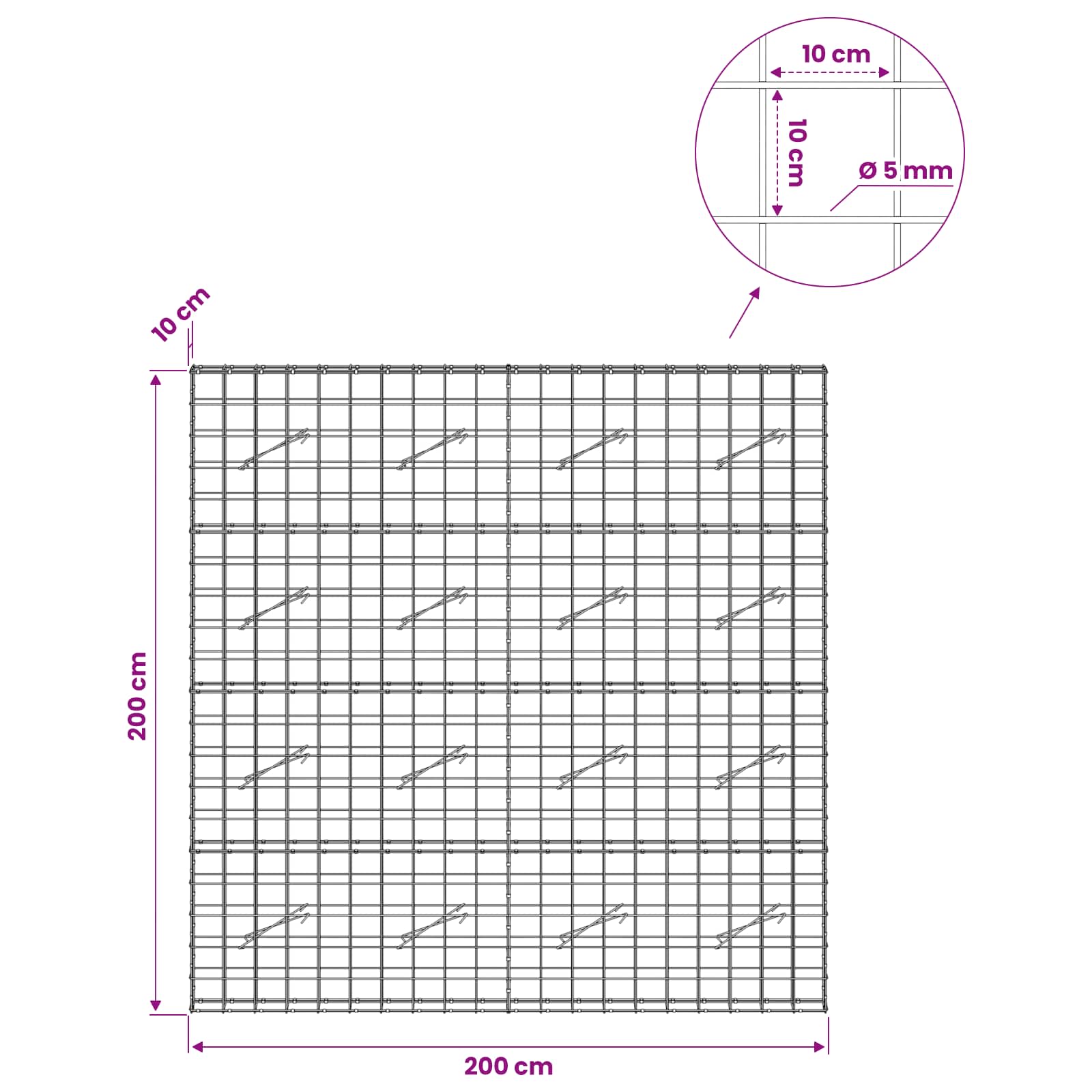 Gabion z žico 5 mm in mrežo 10x10 cm 200x10x200 cm
