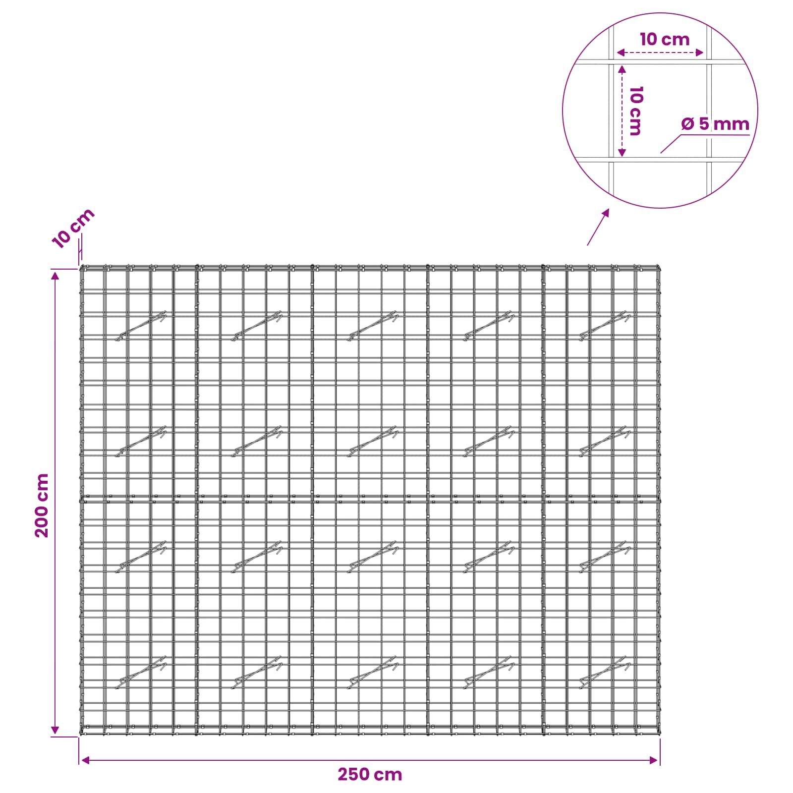Gabion z žico 5 mm in mrežo 10x10 cm 250x10x200 cm