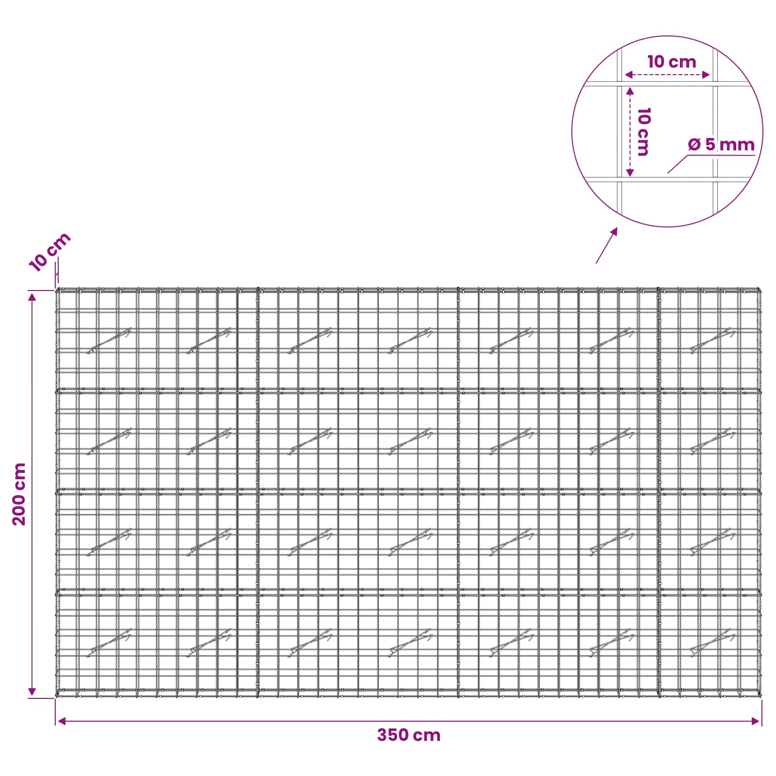 Gabion z žico 5 mm in mrežo 10x10 cm 350x10x200 cm