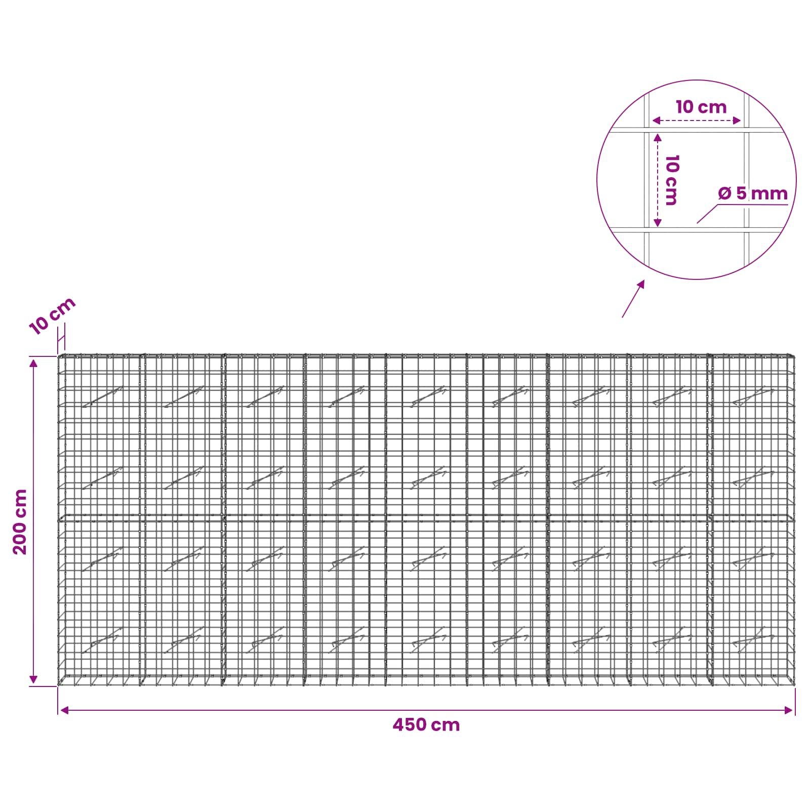 Gabion z žico 5 mm in mrežo 10x10 cm 450x10x200 cm