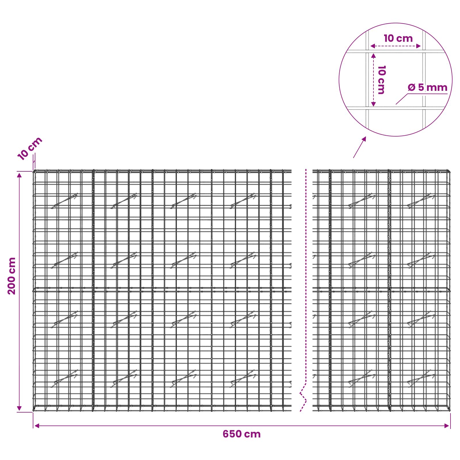 Gabion z žico 5 mm in mrežo 10x10 cm 650x10x200 cm