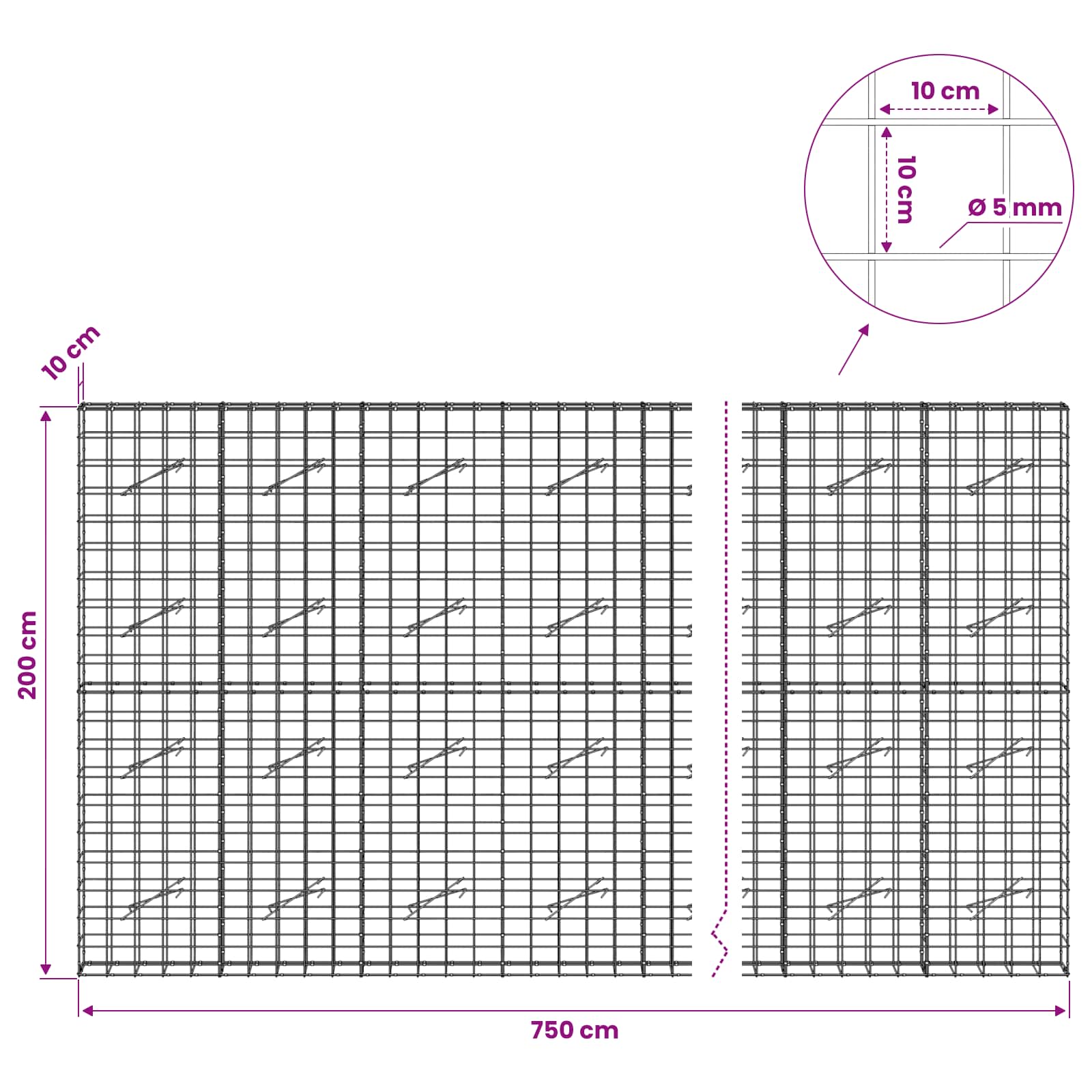 Gabion z žico 5 mm in mrežo 10x10 cm 750x10x200 cm