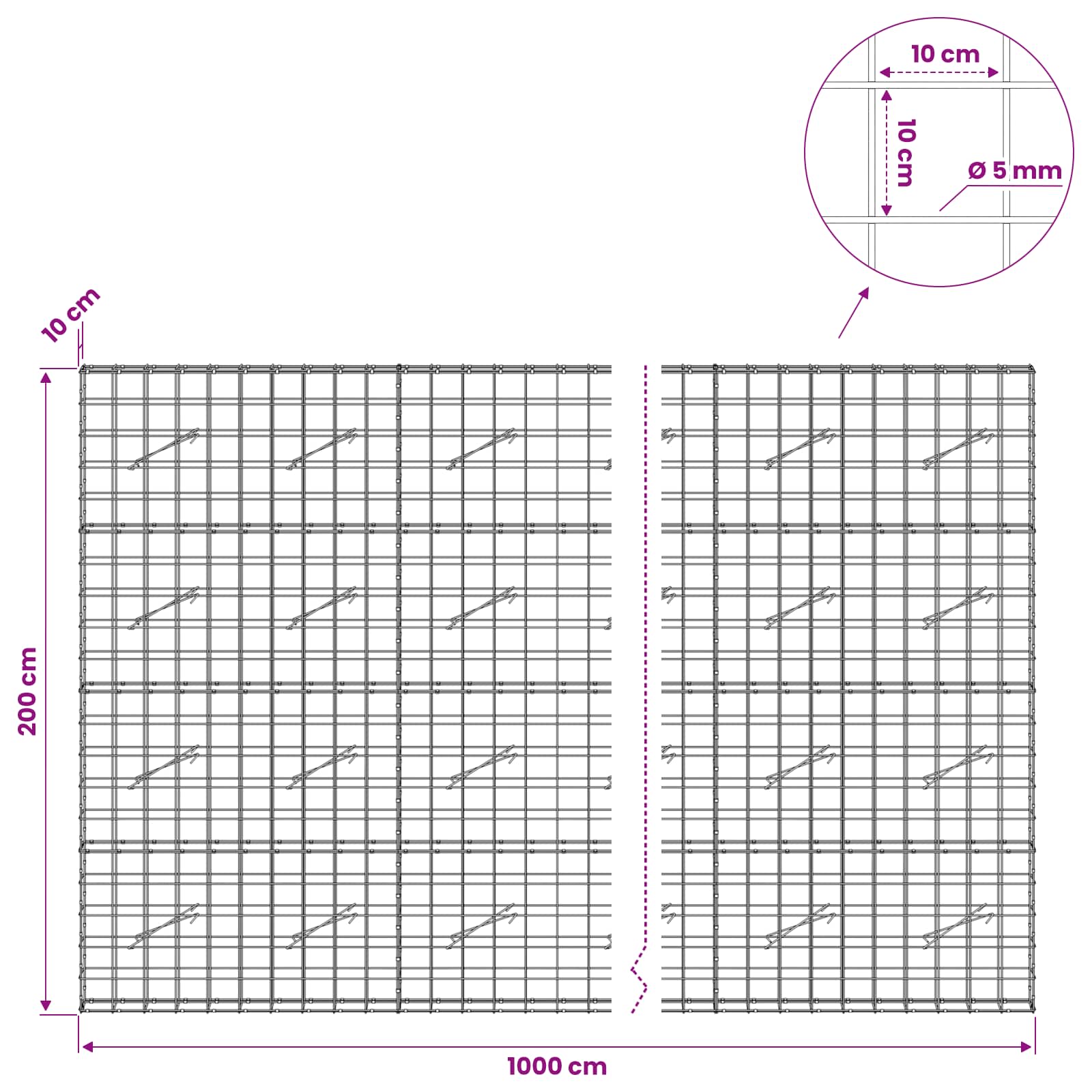 Gabion z žico 5 mm in mrežo 10x10 cm 1000x10x200 cm