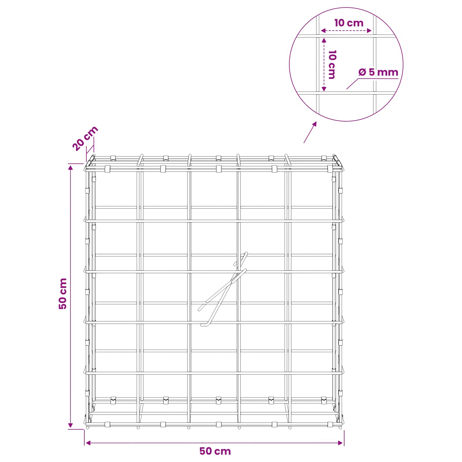 Gabion z žico 5 mm in mrežo 10x10 cm 50x20x50 cm