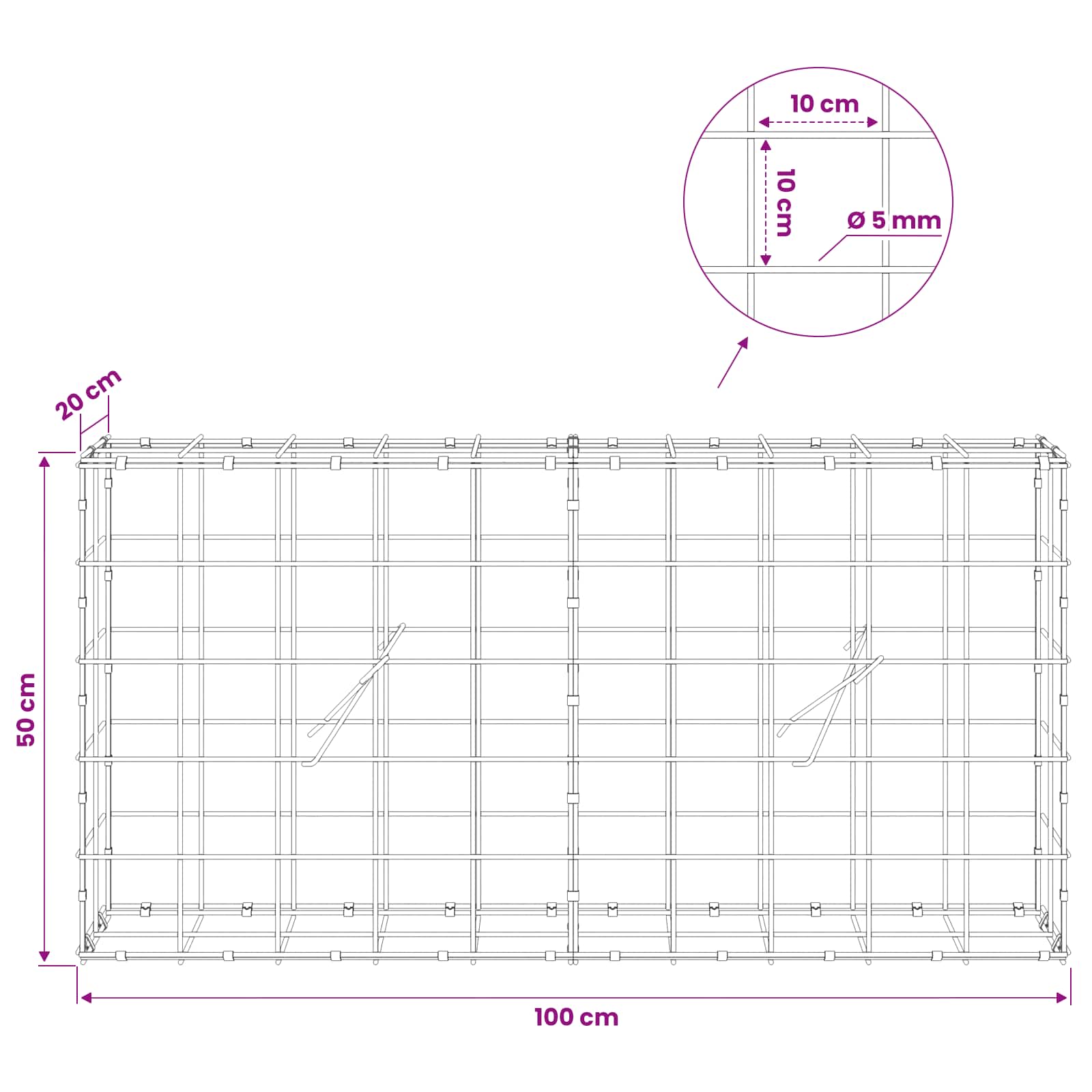 Gabion z žico 5 mm in mrežo 10x10 cm 100x20x50 cm