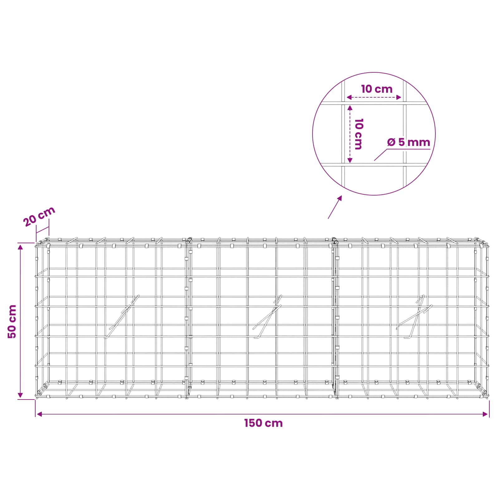 Gabion z žico 5 mm in mrežo 10x10 cm 150x20x50 cm
