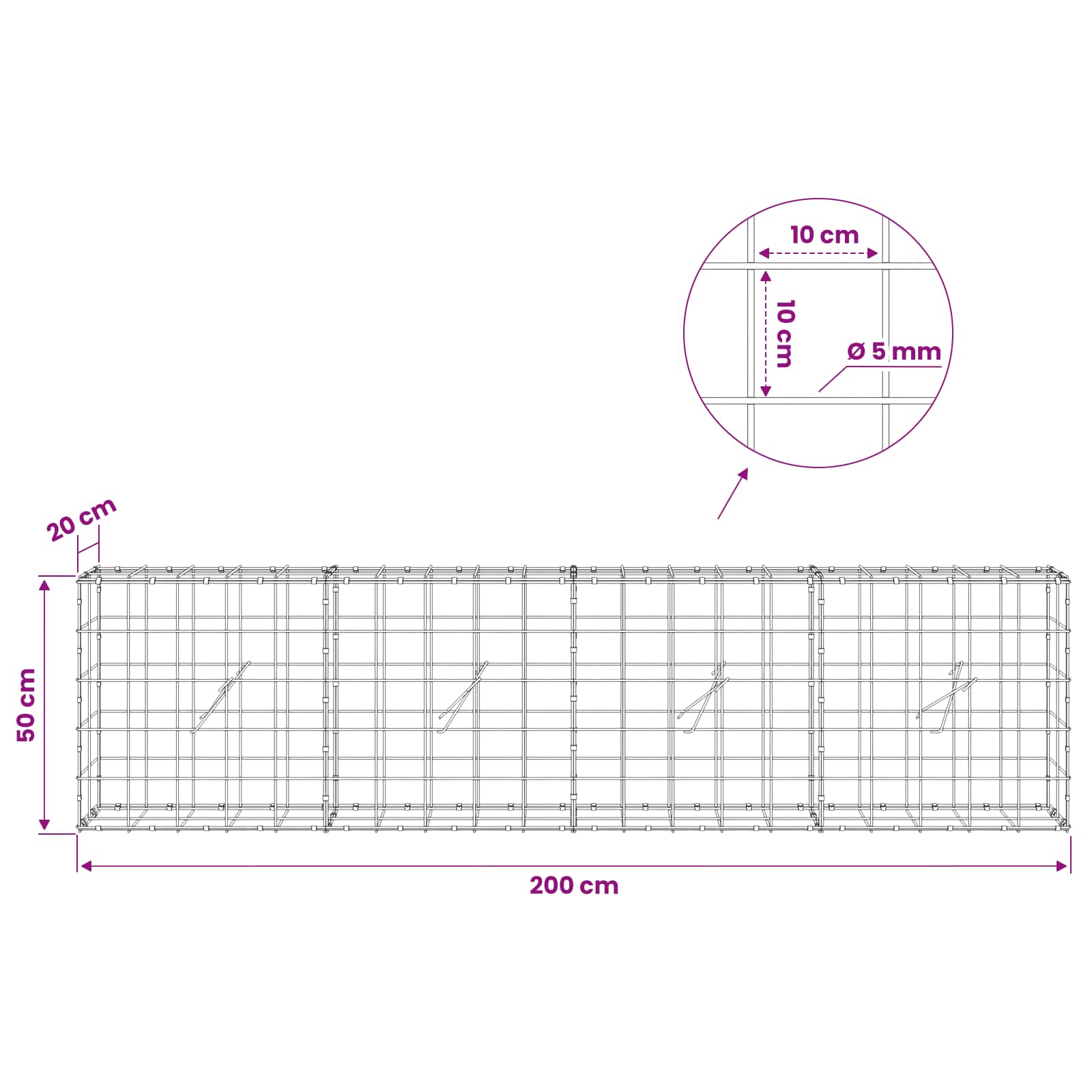 Gabion z žico 5 mm in mrežo 10x10 cm 200x20x50 cm