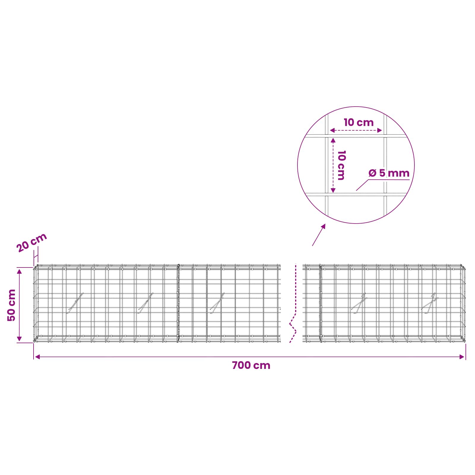 Gabion z žico 5 mm in mrežo 10x10 cm 700x20x50 cm