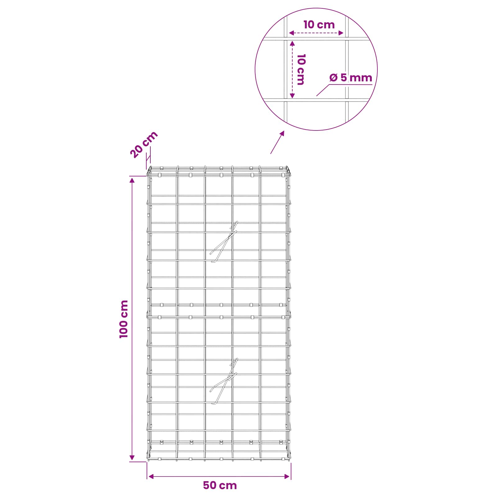 Gabion z žico 5 mm in mrežo 10x10 cm 50x20x100 cm