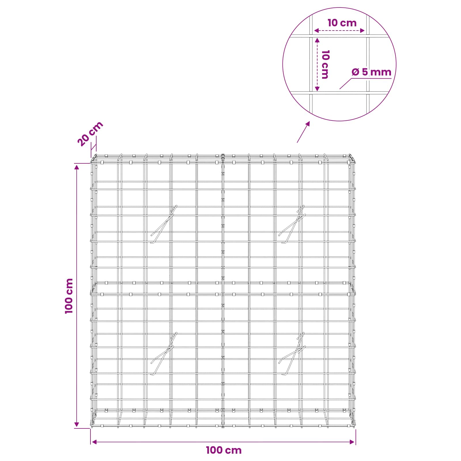 Gabion z žico 5 mm in mrežo 10x10 cm 100x20x100 cm