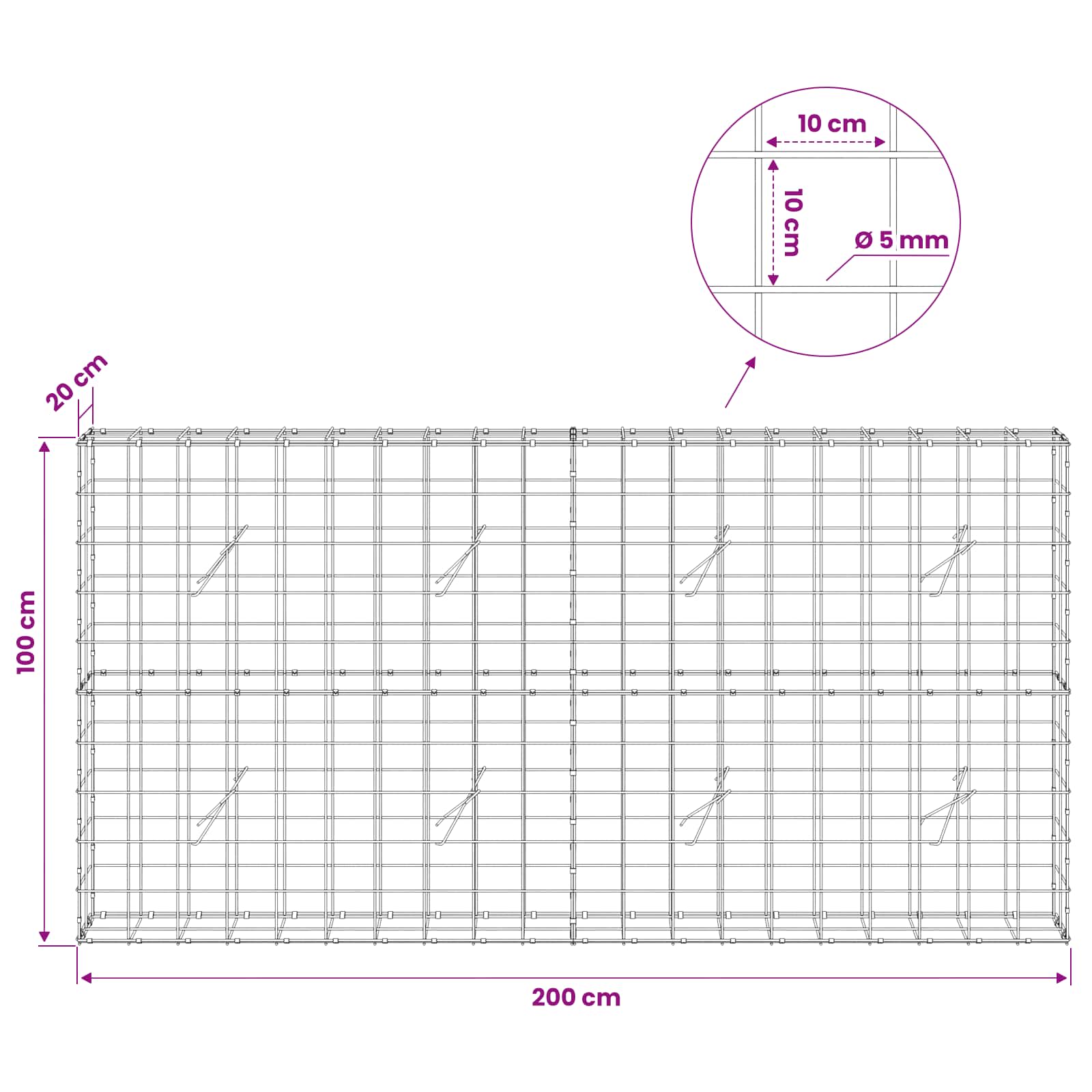 Gabion z žico 5 mm in mrežo 10x10 cm 200x20x100 cm