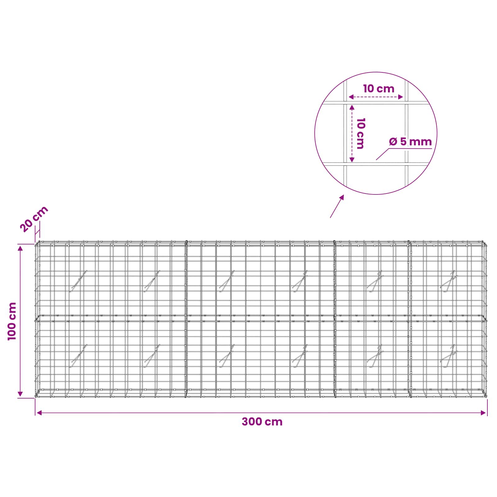 Gabion z žico 5 mm in mrežo 10x10 cm 300x20x100 cm