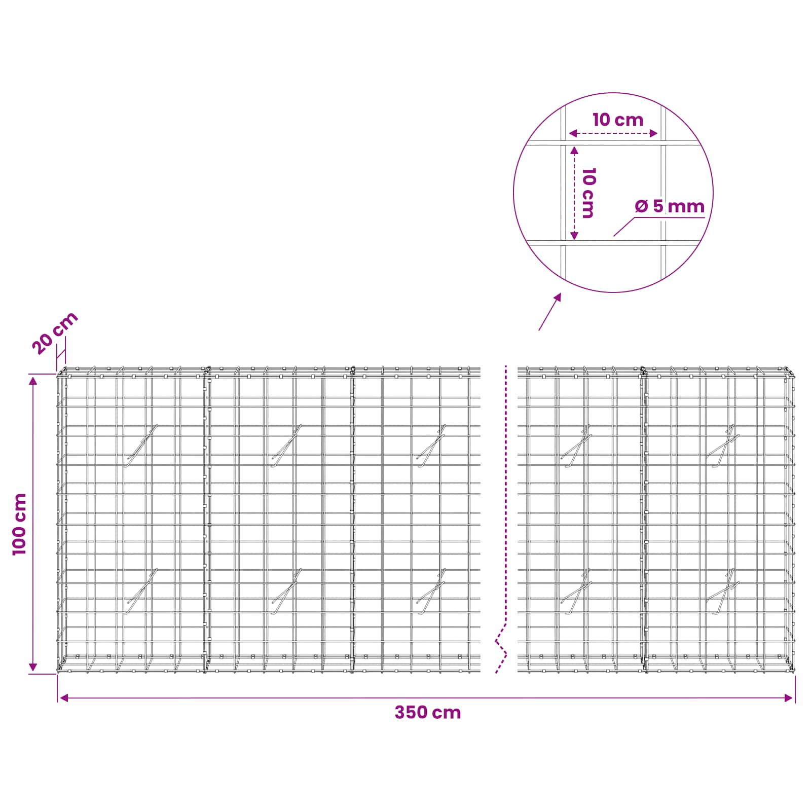 Gabion z žico 5 mm in mrežo 10x10 cm 350x20x100 cm
