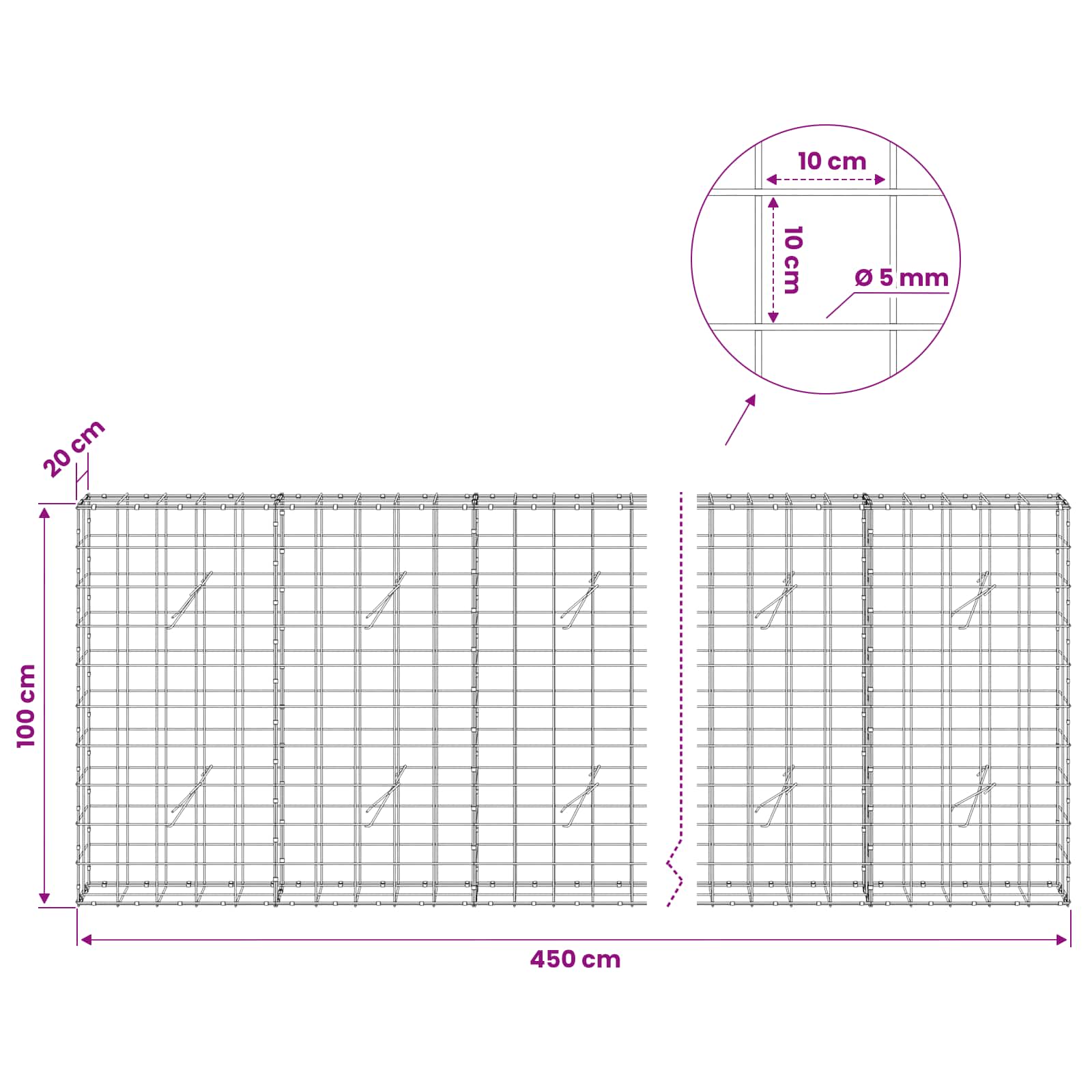 Gabion z žico 5 mm in mrežo 10x10 cm 450x20x100 cm