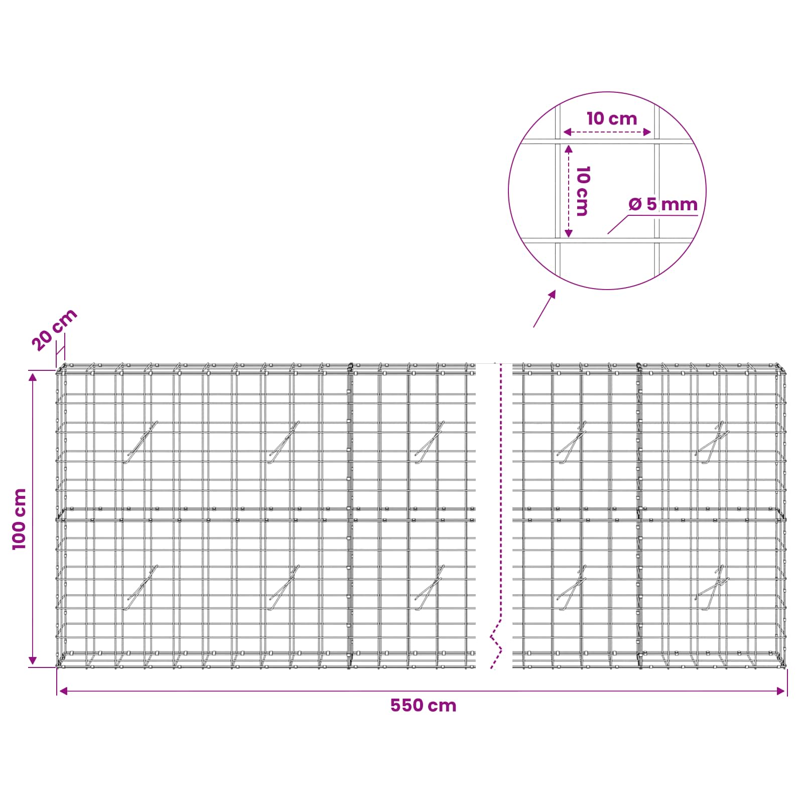 Gabion z žico 5 mm in mrežo 10x10 cm 550x20x100 cm