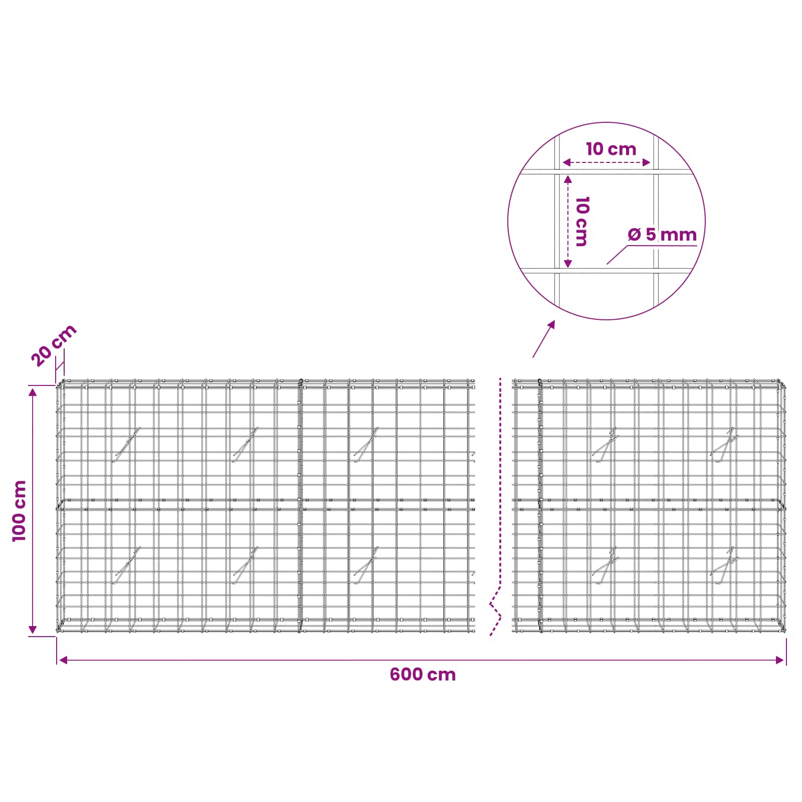 Gabion z žico 5 mm in mrežo 10x10 cm 600x20x100 cm