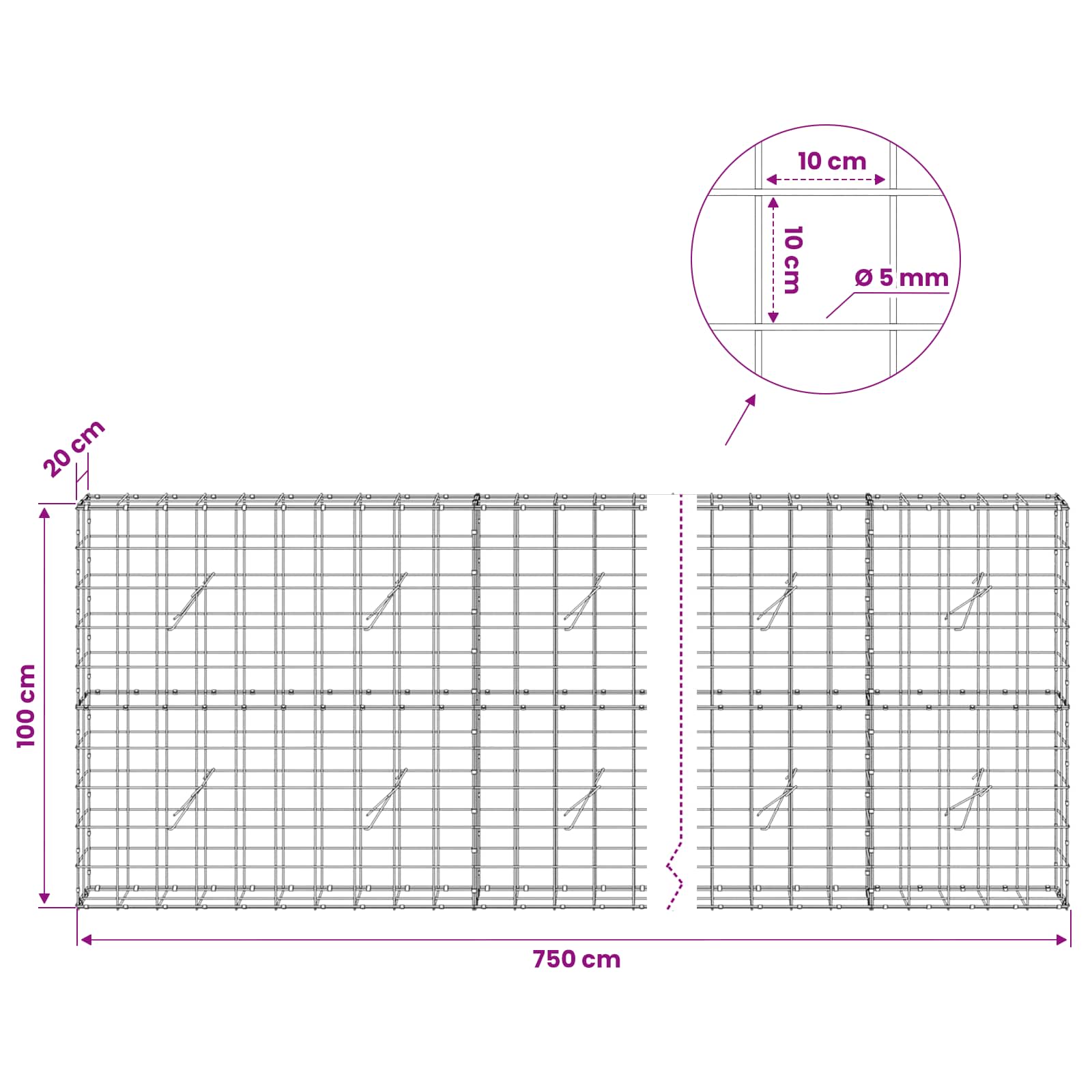 Gabion z žico 5 mm in mrežo 10x10 cm 750x20x100 cm