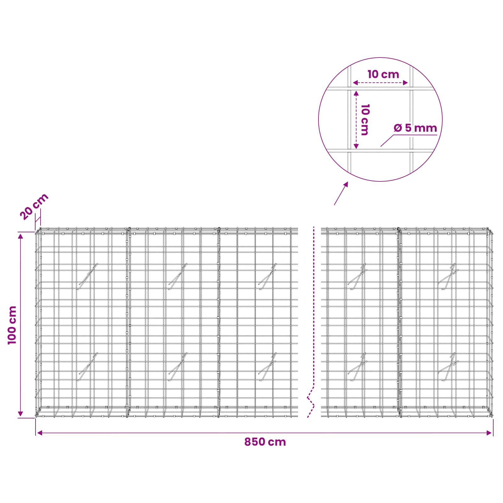 Gabion z žico 5 mm in mrežo 10x10 cm 850x20x100 cm