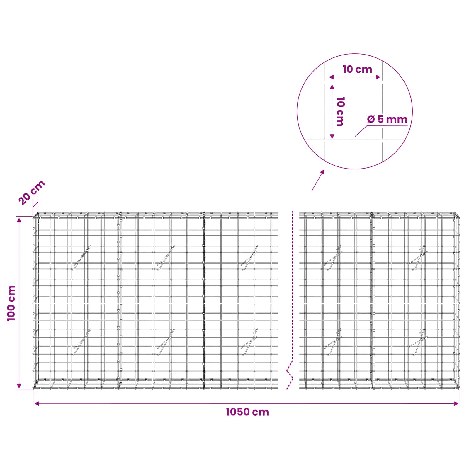 Gabion z žico 5 mm in mrežo 10x10 cm 1050x20x100 cm