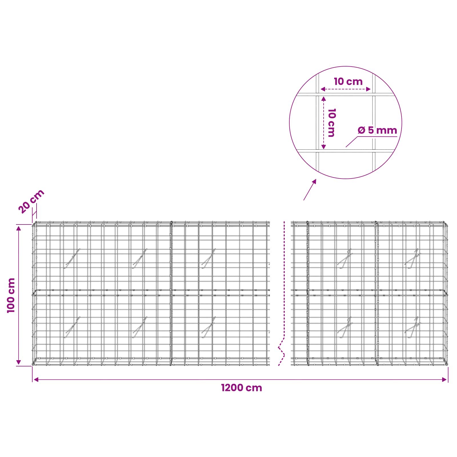 Gabion z žico 5 mm in mrežo 10x10 cm 1200x20x100 cm