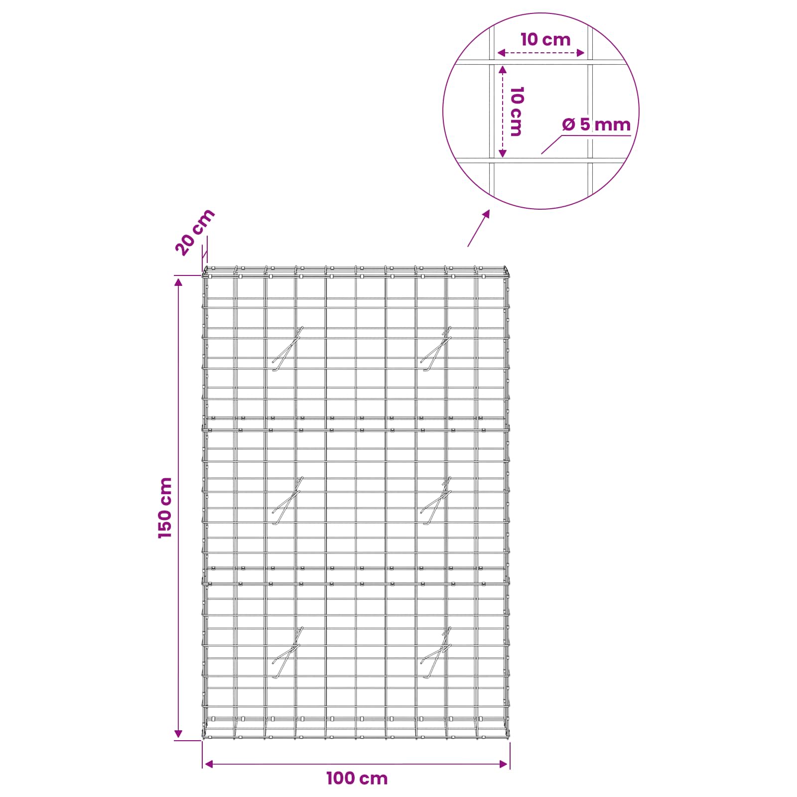 Gabion z žico 5 mm in mrežo 10x10 cm 100x20x150 cm