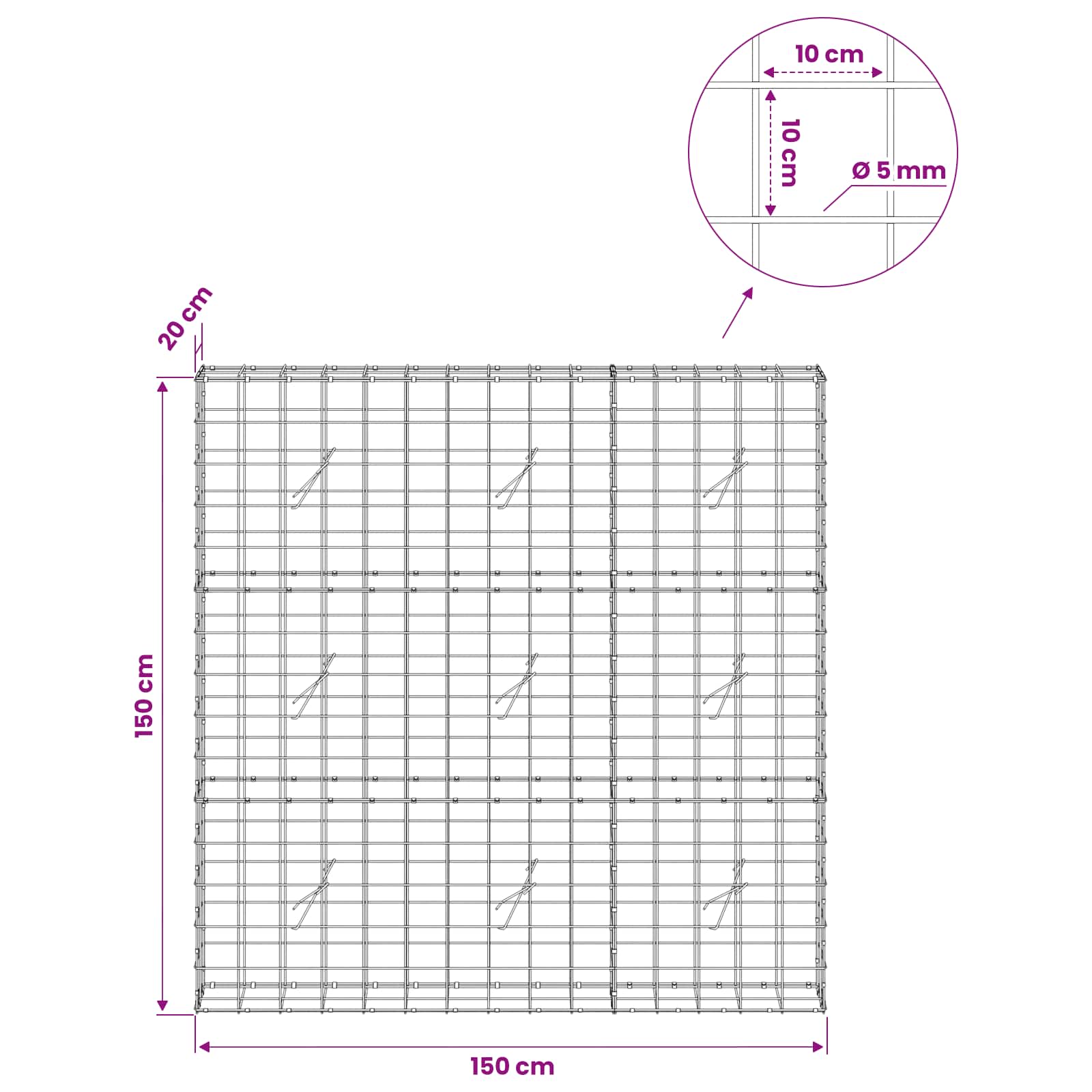 Gabion z žico 5 mm in mrežo 10x10 cm 150x20x150 cm