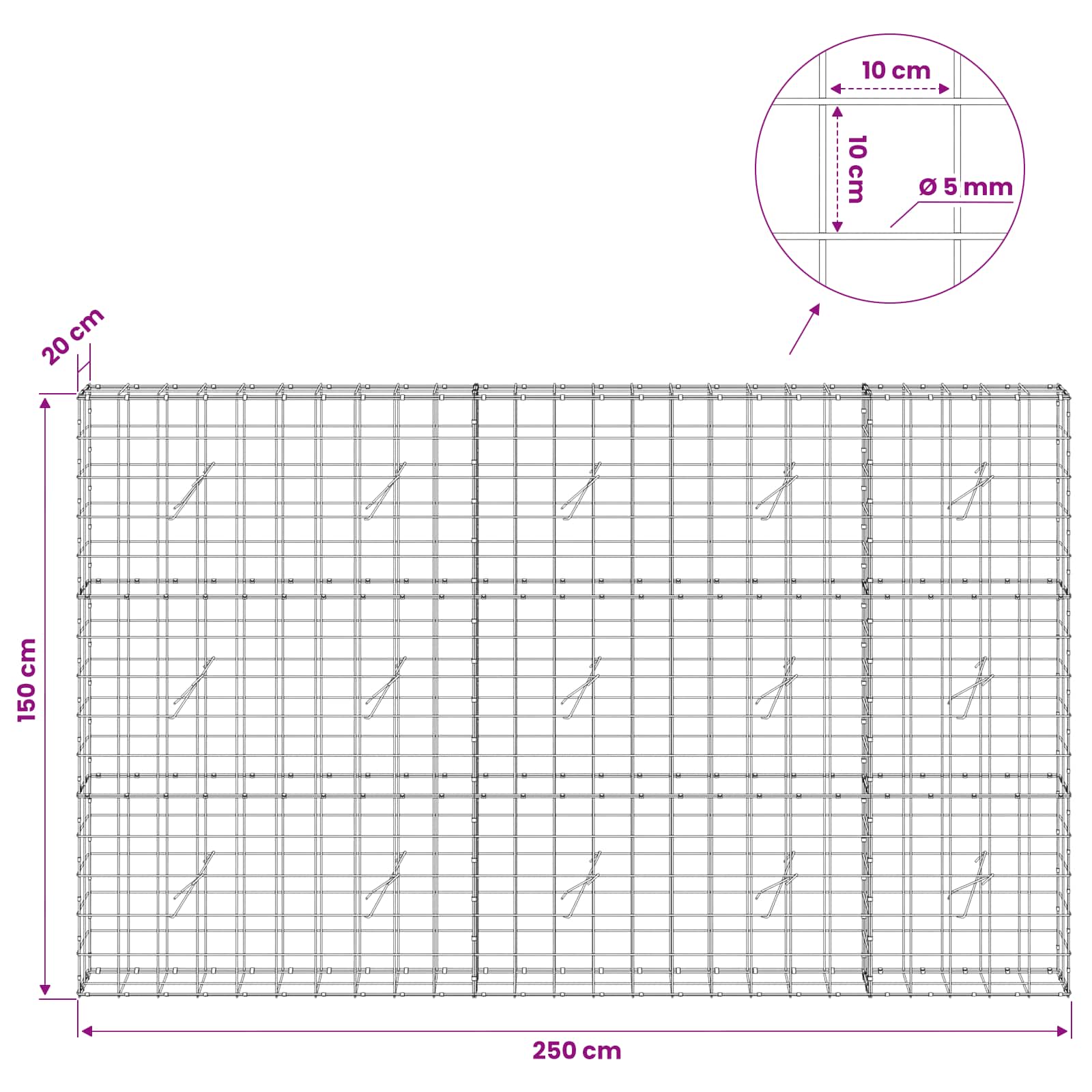 Gabion z žico 5 mm in mrežo 10x10 cm 250x20x150 cm