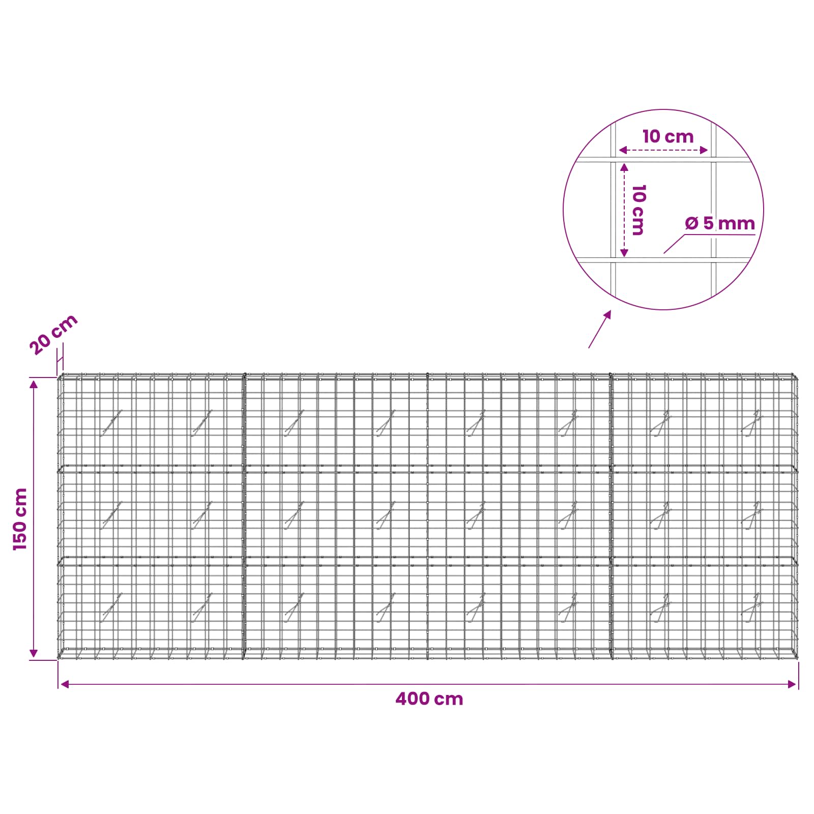 Gabion z žico 5 mm in mrežo 10x10 cm 400x20x150 cm