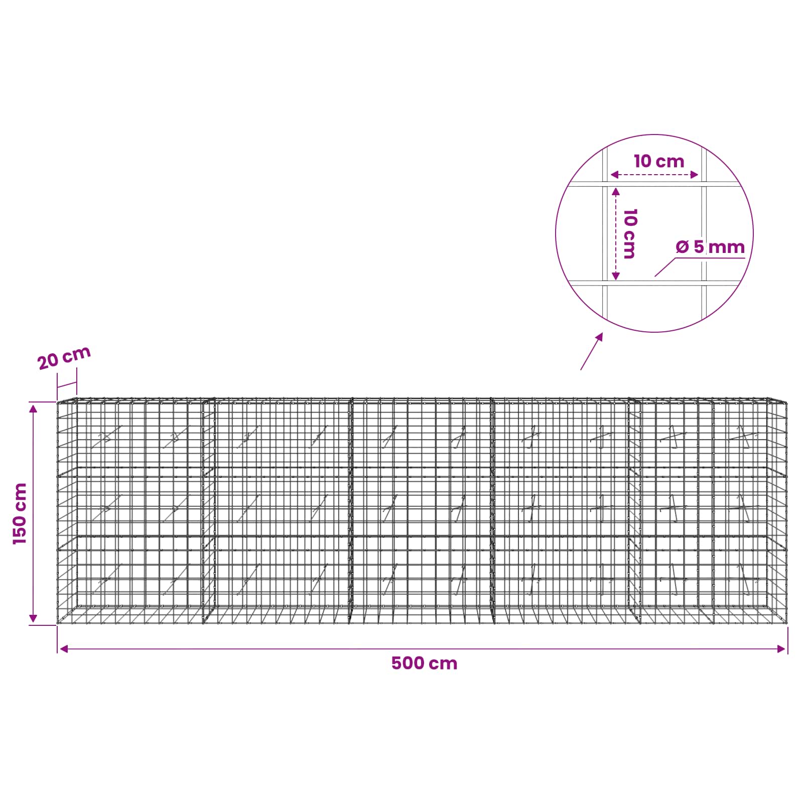 Gabion z žico 5 mm in mrežo 10x10 cm 500x20x150 cm
