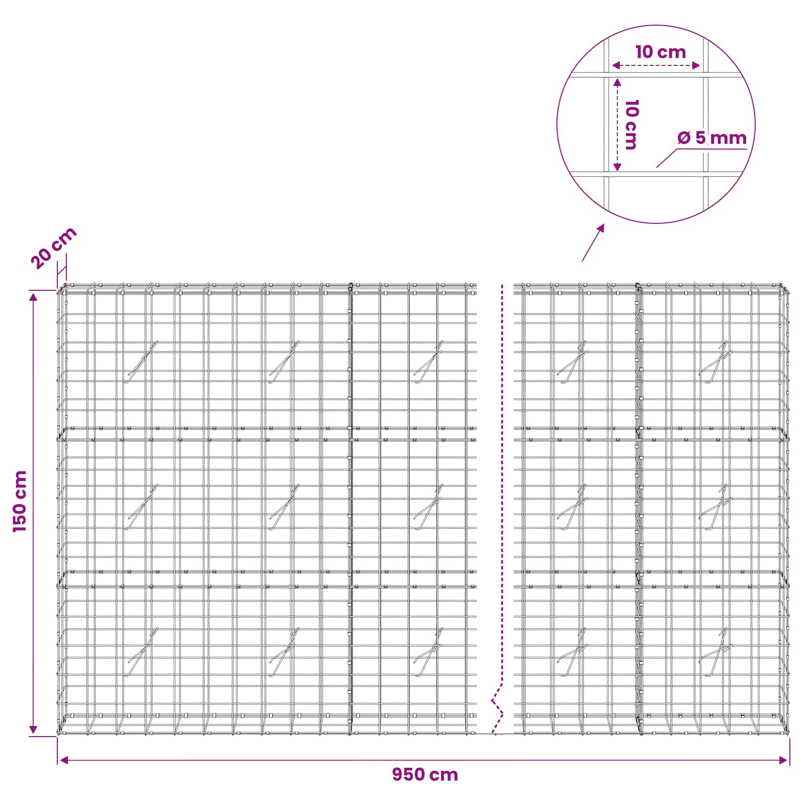 Gabion z žico 5 mm in mrežo 10x10 cm 950x20x150 cm